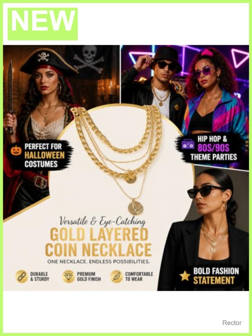 Gold Layered Coin Pendant Necklace Chunky Chain Pirate Costume Jewelry - Picture 6 of 6
